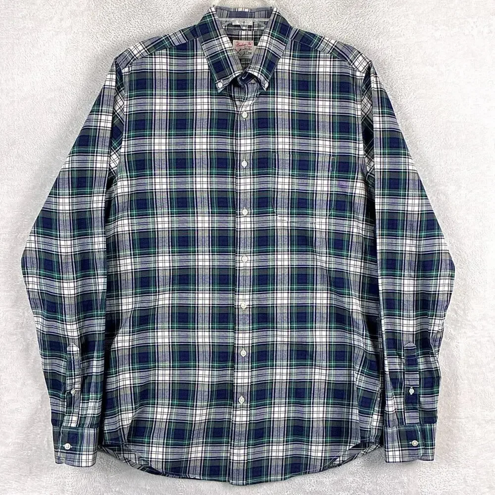 J.Crew Shirt Mens M Tall Navy Green Plaid Broken In Oxford Preppy Heritage OCBD
